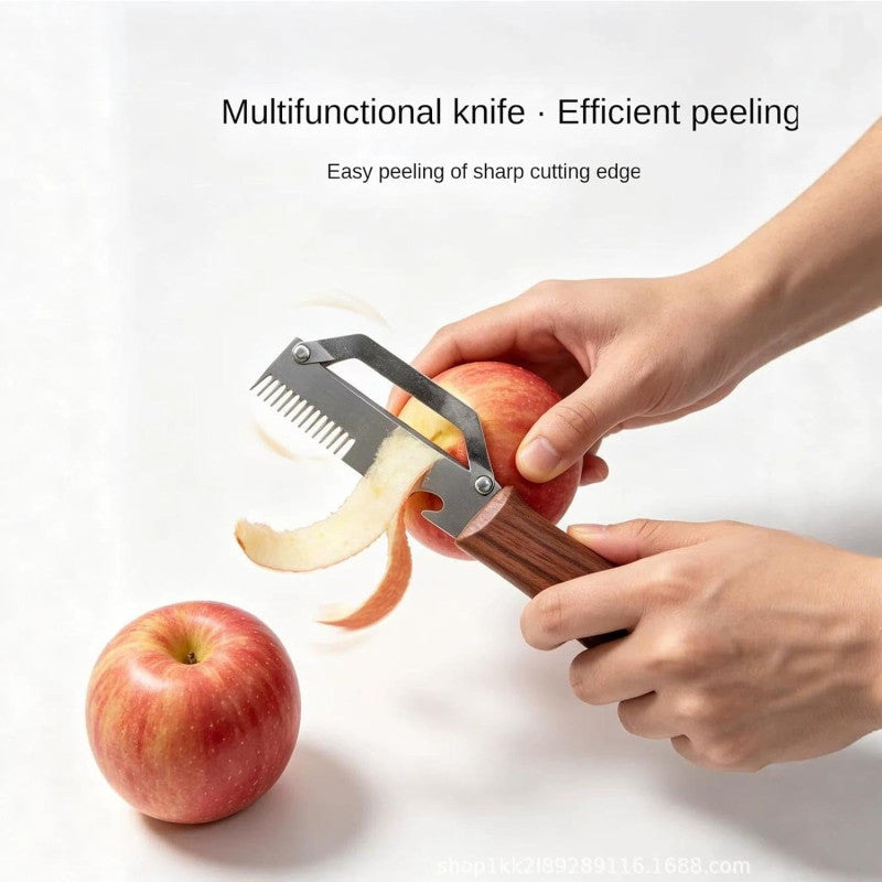 3-in-1 Stainless Steel Vegetable Peeler & Knife with Wooden Handle