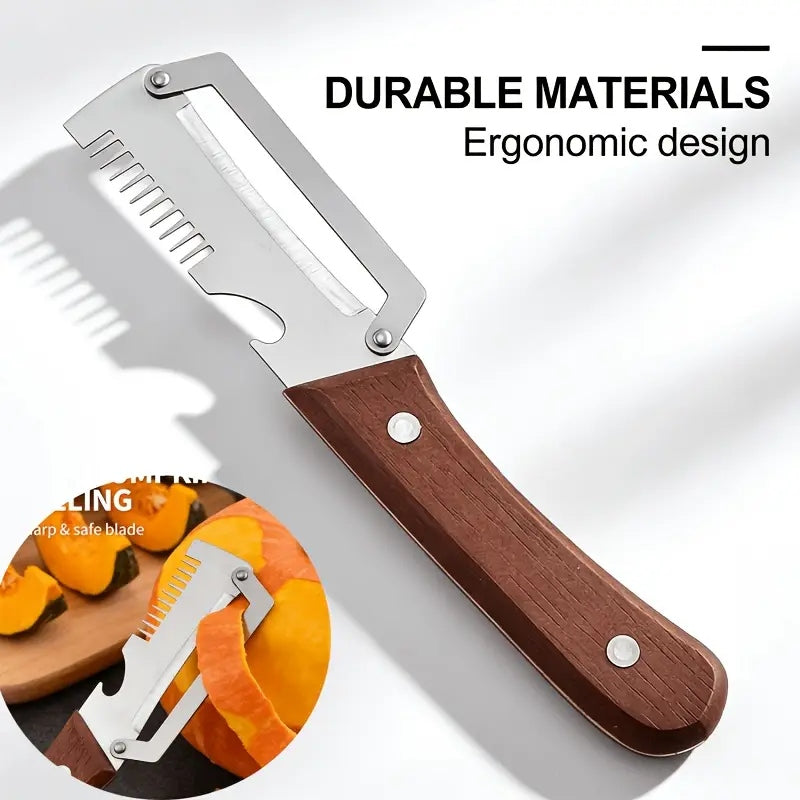 3-in-1 Stainless Steel Vegetable Peeler & Knife with Wooden Handle