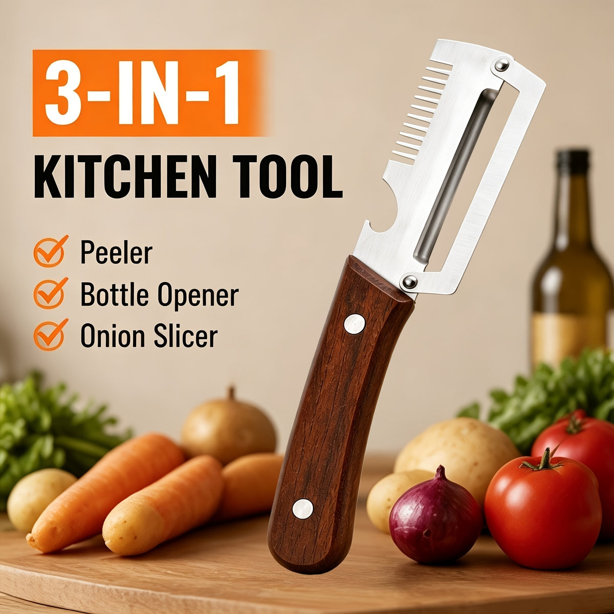 3-in-1 Stainless Steel Vegetable Peeler & Knife with Wooden Handle