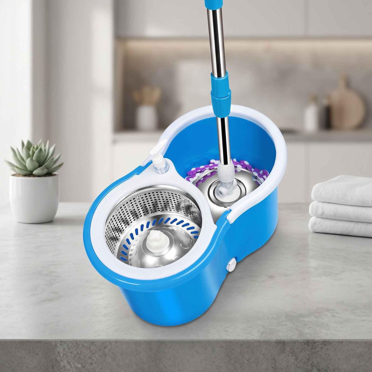 360° Spin Mop with Stainless Steel Wringer Bucket & Microfiber Pad