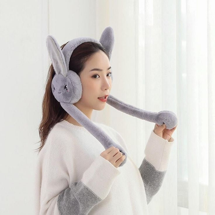 Cute Moving Bunny Ears Hat for Kids – Plush Rabbit Winter Earmuff Cap