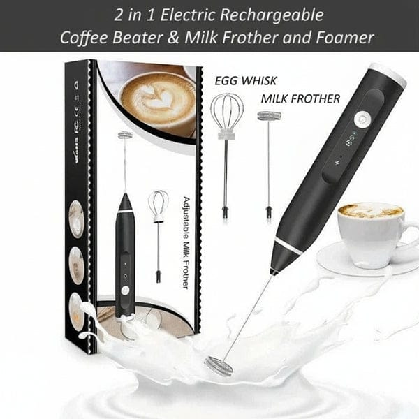 2-in-1 Electric Milk Frother & Egg Whisk – USB Rechargeable Coffee Beater