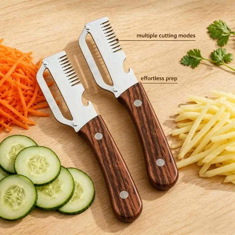 3-in-1 Stainless Steel Vegetable Peeler & Knife with Wooden Handle