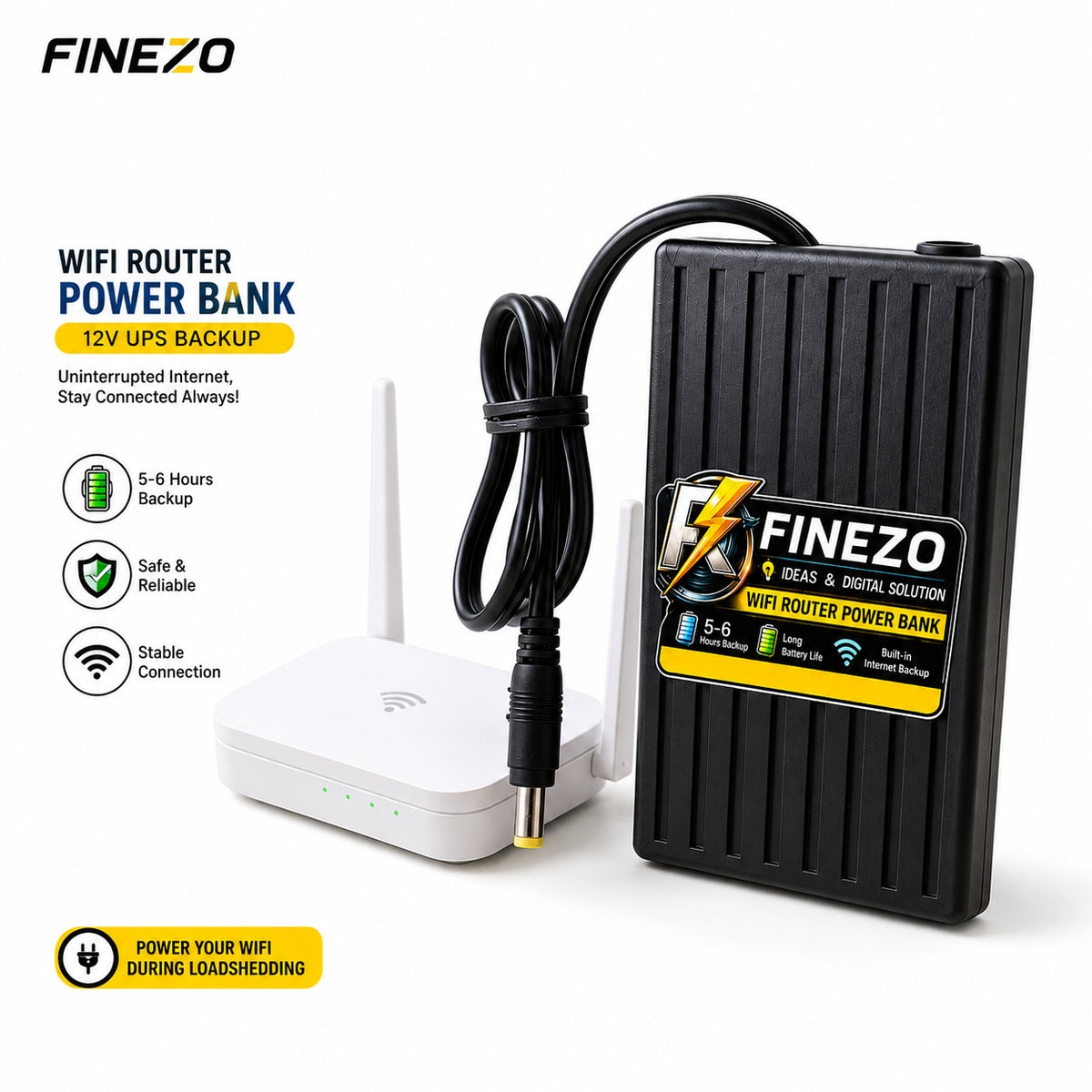 12000mAh WiFi Router UPS – 12V Mini Power Backup with 5–6 Hours Runtime