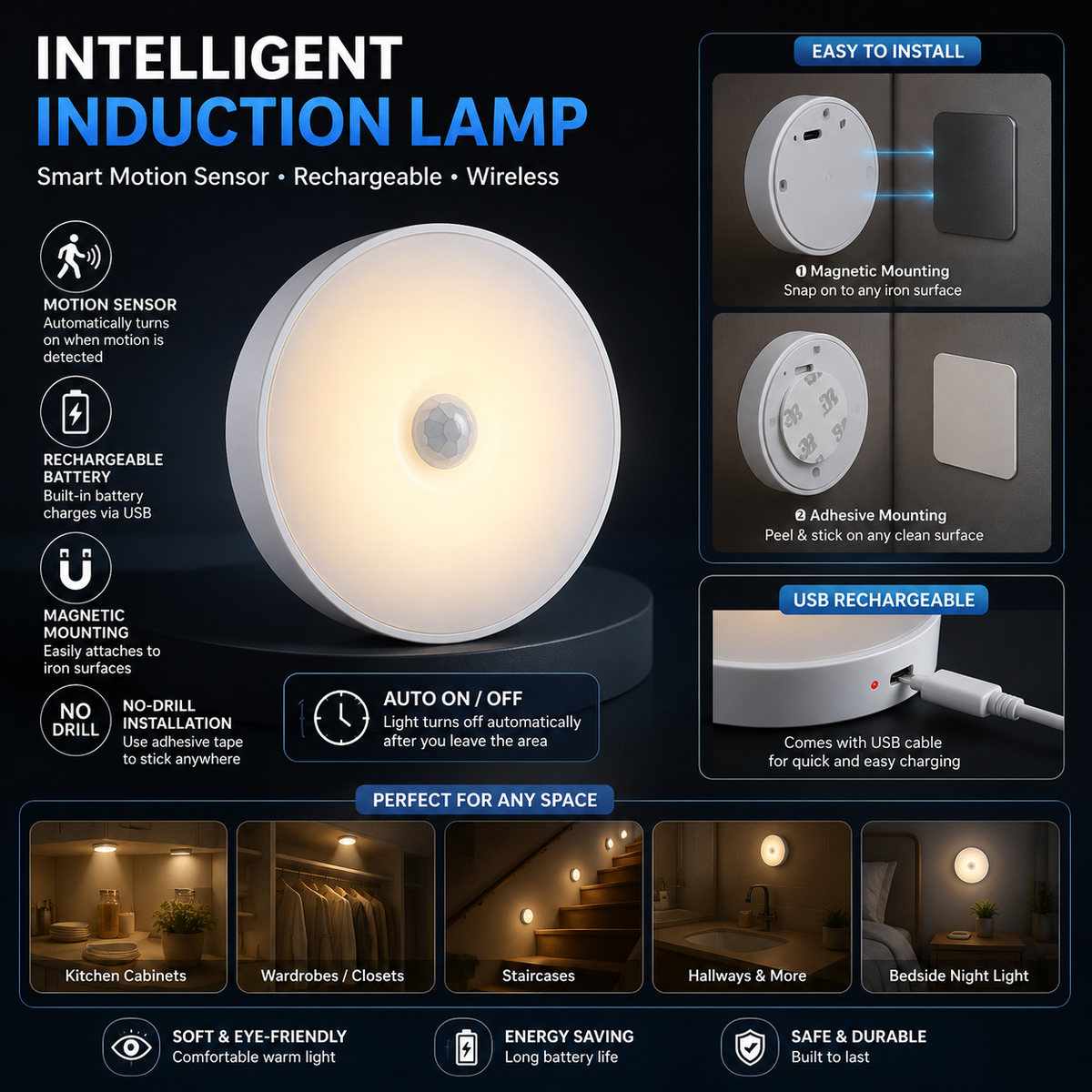 Rechargeable Motion Sensor Night Light – Wireless LED Cabinet & Closet Light