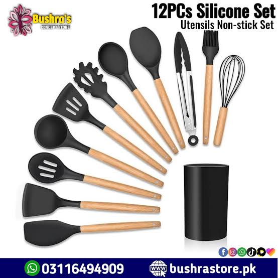 12-Piece Silicone Kitchen Utensil Set – Heat-Resistant Cooking Tools with Wooden Handles